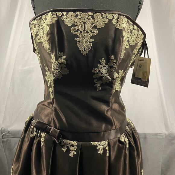 Jessica McClintock Dress Womens 8 Brown Strapless Lace Fit & Flare Made in USA - Picture 2 of 16